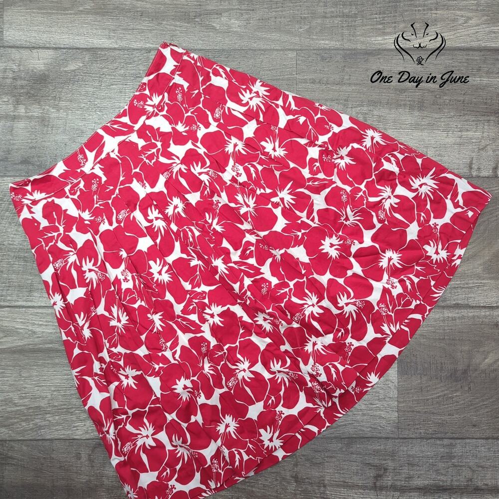 Talbots Petite Hibiscus Floral Pleated Skirt Red White Cotton Size 2P